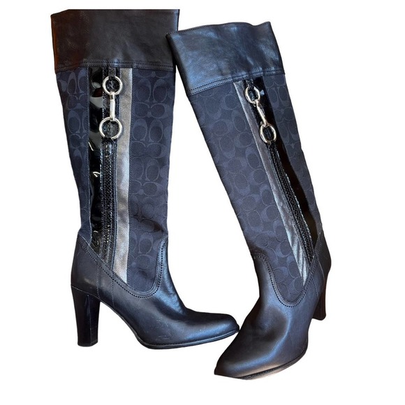 Coach Yvette Tall Leather & Logo Fabric Mixed Media Boots Black Women's Size 10B - Picture 7 of 10